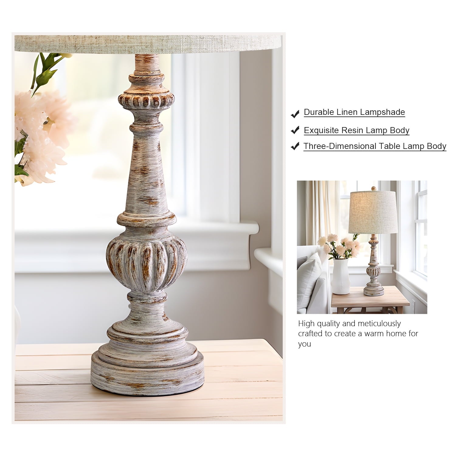 Oneach Rustic Table Lamp Set of 2 for Bedroom Living Room 24.5" Farmhouse Resin Bedside Nightstands Lamps with Linen Drum Shade