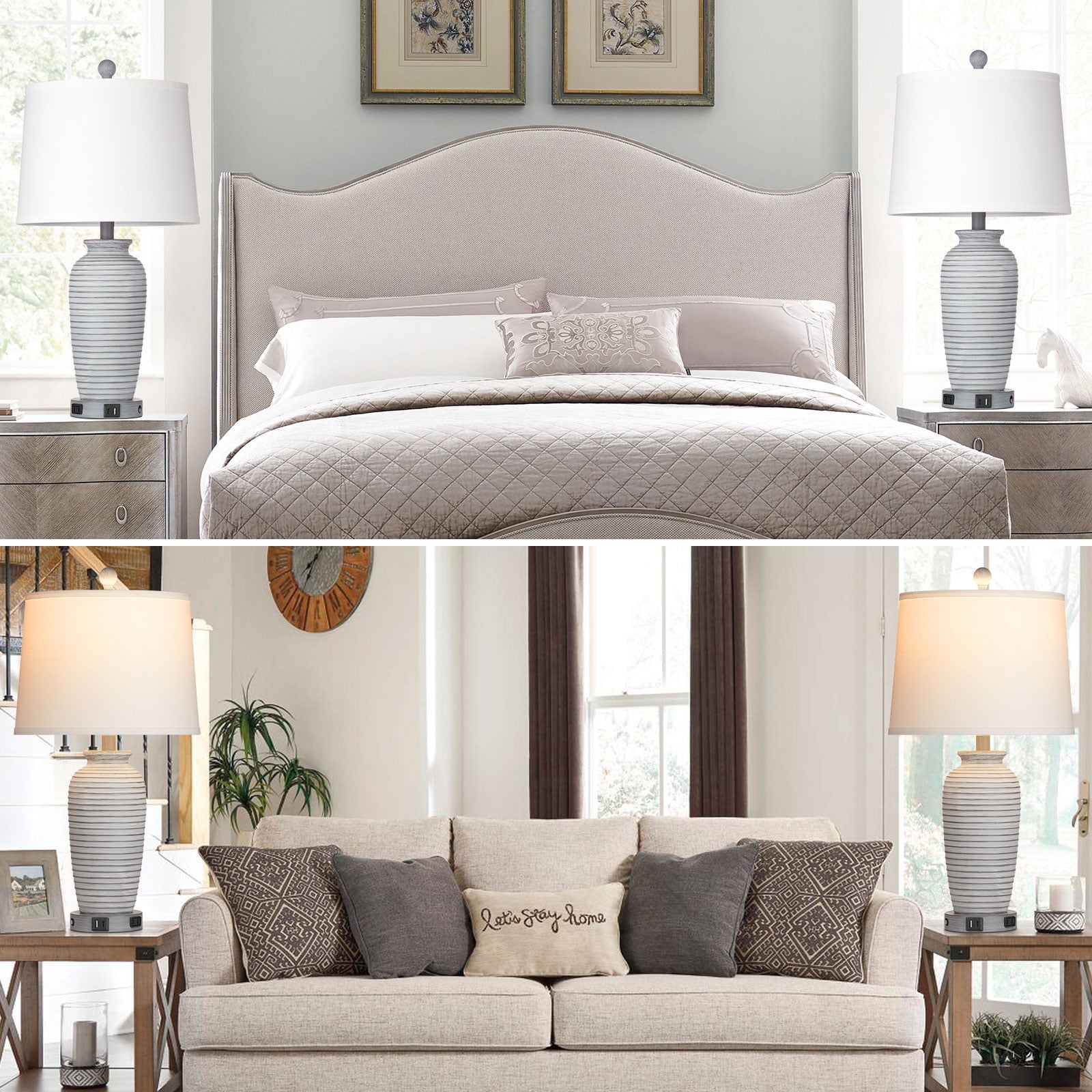 Cinkeda Farmhouse Jar Table Lamp Set of 2 with USB A+C Ports & AC Outlet, 3-Way Dimmable Touch Control, Resin for Bedroom Nightstand