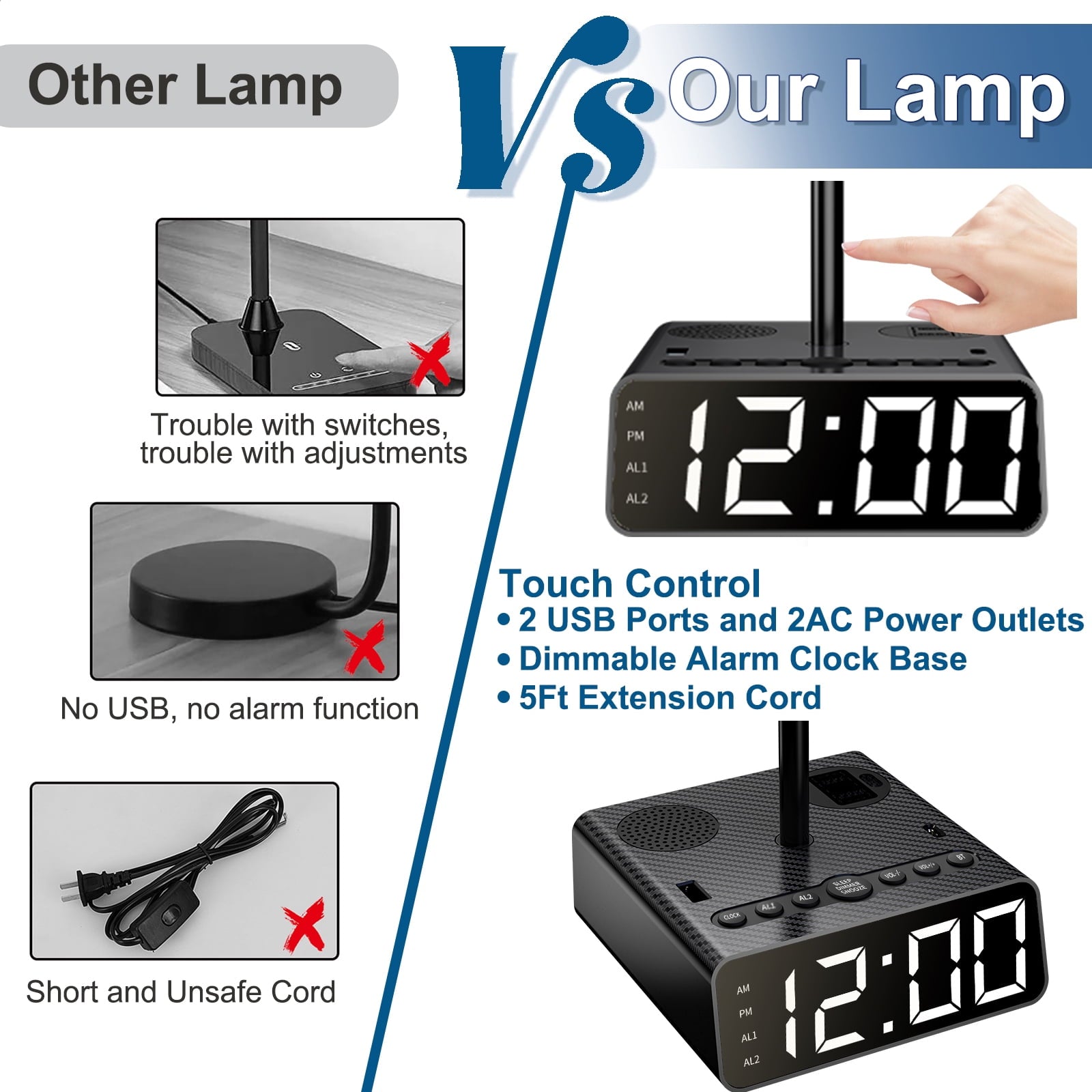 Black Alarm Clock Table Lamp, 3-way Dimmable Bedside Lamp with USB Port, Speaker and Radio - Touch Control, Suitable for Study Room, Bedroom