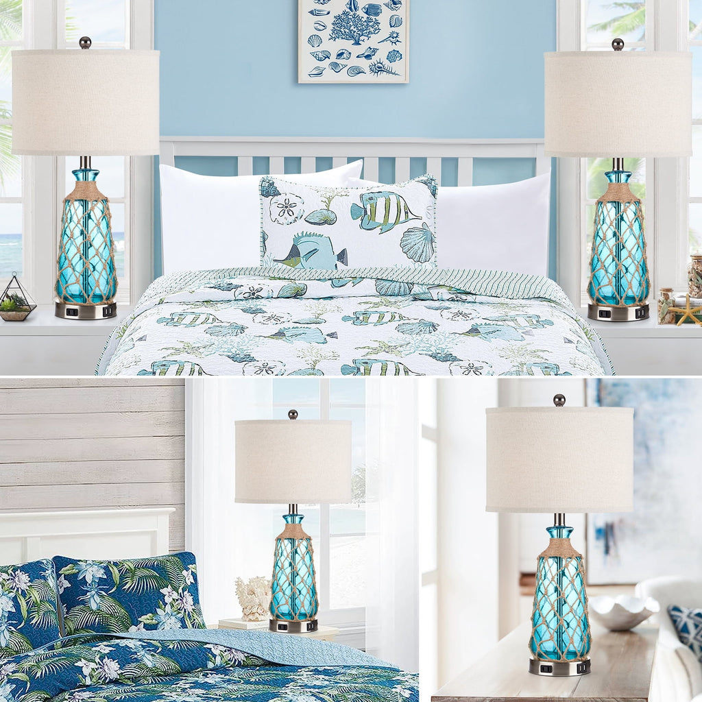 Cinkeda Coastal Table Lamps Set of 2 with USB C & A Charging Ports & AC Outlet - 3-Way Dimmable Touch Control Bedside Lamps,25" Tall, Glass