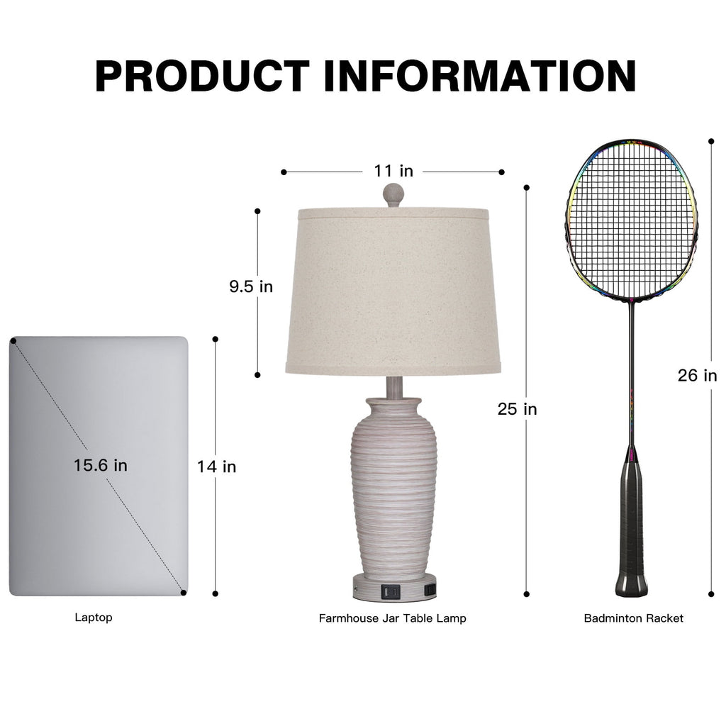 Cinkeda 25" Farmhouse Jar Table Lamps for Living Room Bedroom Set of 2 with USB A+C Ports AC Outlet 3 Way Dimmable Touch Control Resin Bedside Nightstand Lamp