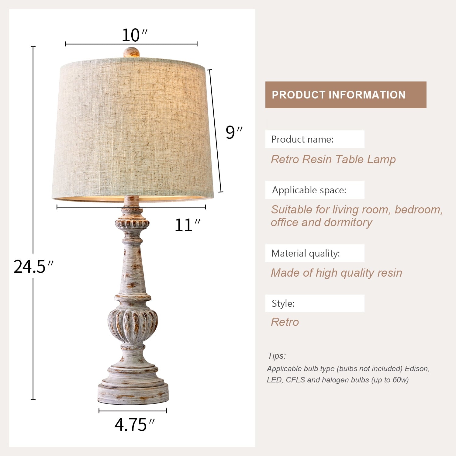 Oneach Rustic Table Lamp Set of 2 for Bedroom Living Room 24.5" Farmhouse Resin Bedside Nightstands Lamps with Linen Drum Shade