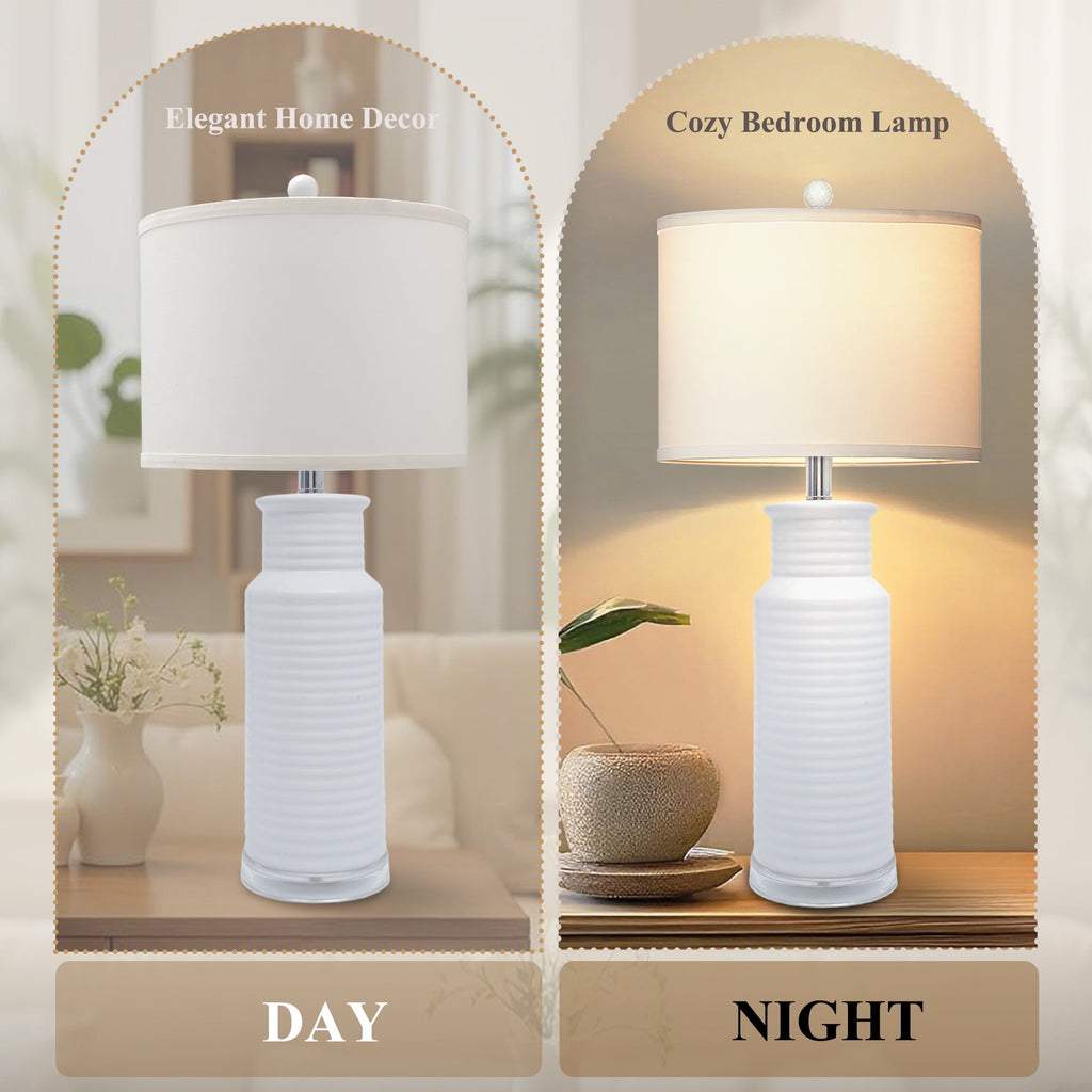 Tnuyoah Modern Table Lamps Set of 2, Living Room Retro White Ceramic Lamp - 28'' Farmhouse Beside Nightstand Lamps for Bedroom with Fabric Shade, Rotary Switch, Bulbs Not Included