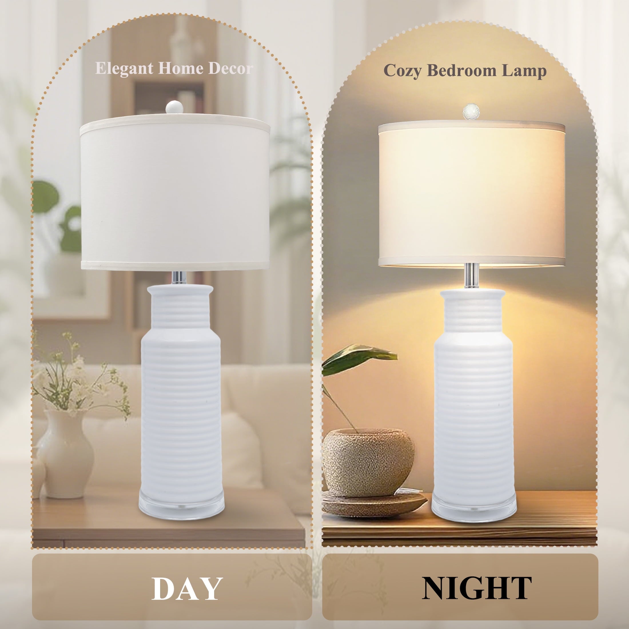 Tnuyoah Modern Table Lamps Set of 2, Living Room Retro White Ceramic Lamp - 28'' Farmhouse Beside Nightstand Lamps for Bedroom with Fabric Shade, Rotary Switch, Bulbs Not Included