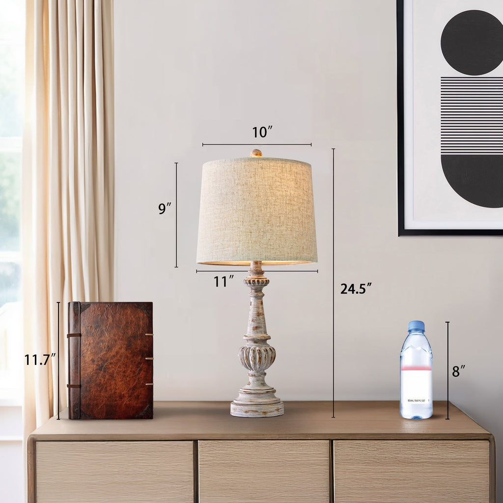 Oneach Rustic Table Lamp Set of 2 for Bedroom Living Room 24.5" Farmhouse Resin Bedside Nightstands Lamps with Linen Drum Shade