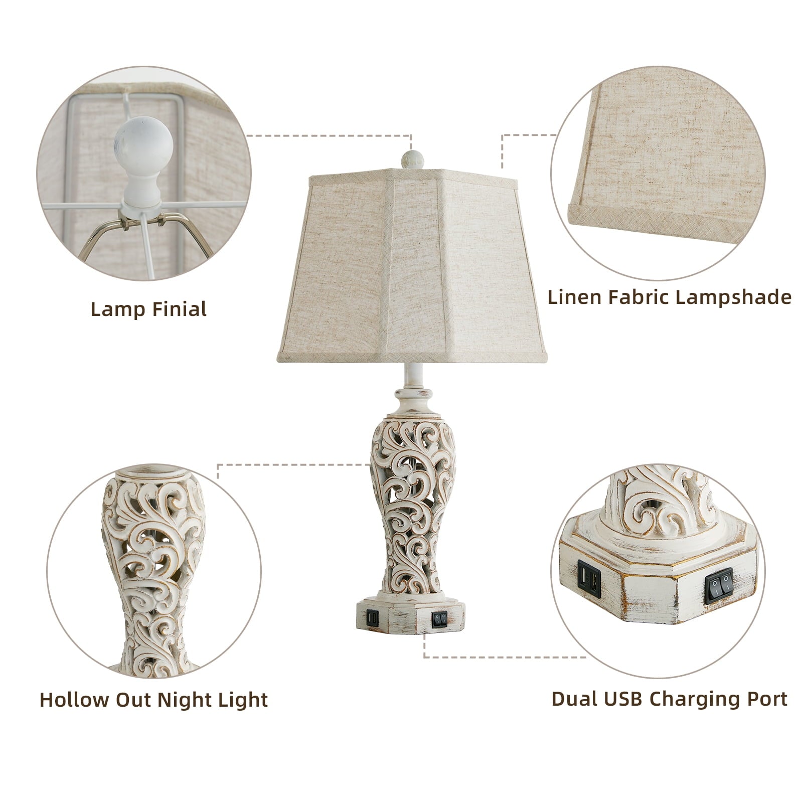 RORIA 25" Two-Piece Modern Table Lamp for Living Room Bedroom Nightstand, Country Farmhouse Vintage Bedside Lamp with 2 USB Charging Ports, Hollow Resin with Night Light