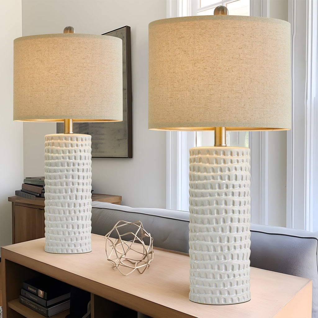 Oneach Ceramic Table Lamps Set of 2 for Living Room Bedroom Study 24.5" Modern White Bedside Nightstand Lamp