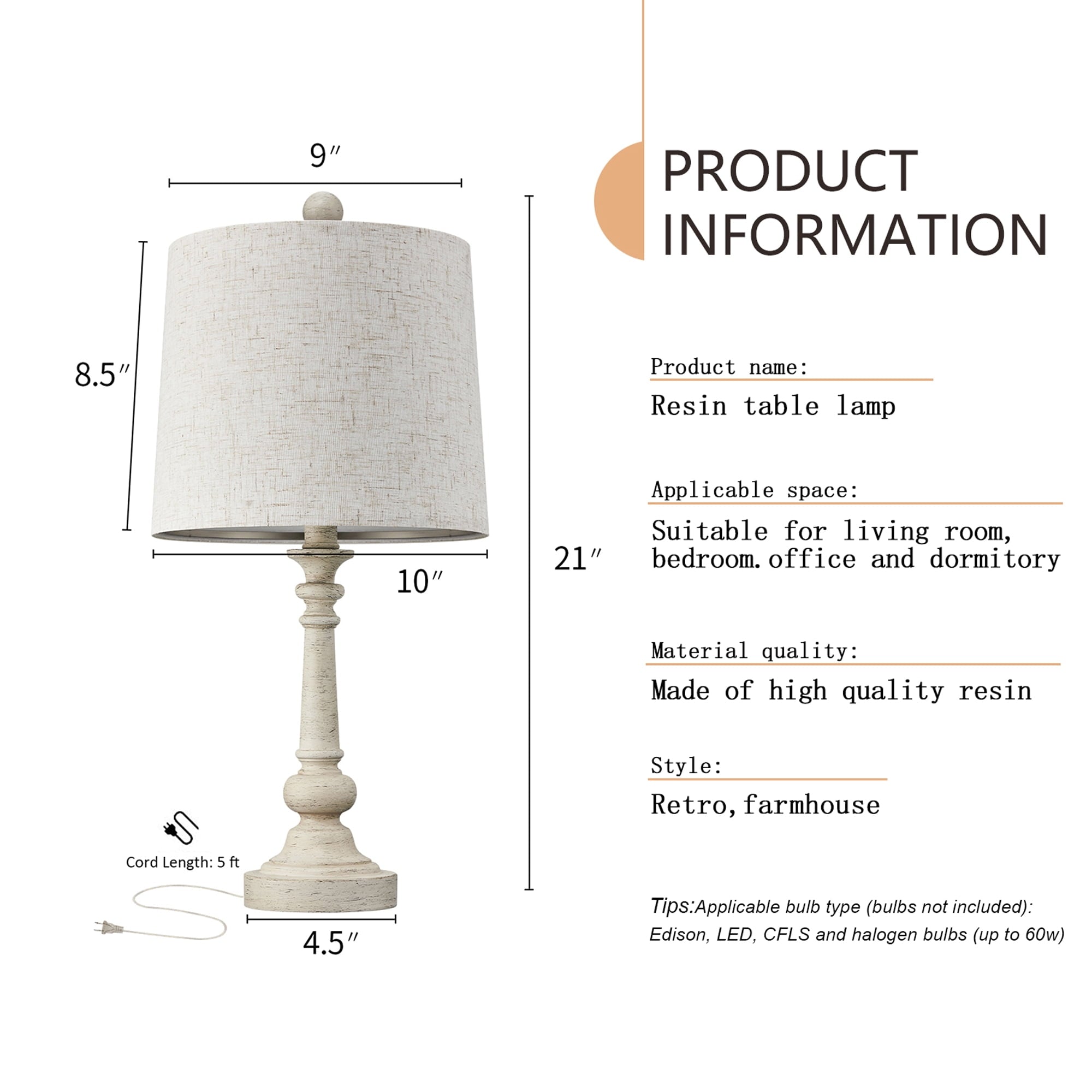 Oneach 20.25" Retro Farmhouse Table Lamp Sets of 2 for Living Room Bedroom Rustic Bedside Nightstand Lamp Resin