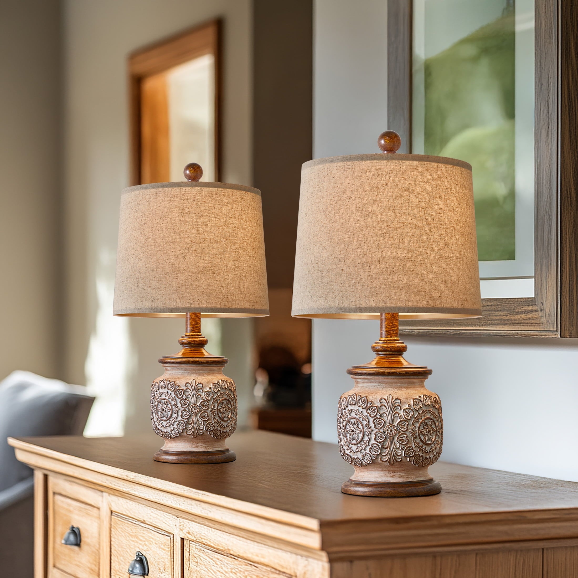 Oneach Vintage Table Lamps Bedside Lamp Set of 2 for Bedroom Living Room 18.75" Retro Farmhouse Floral Nightstands Lamps Resin