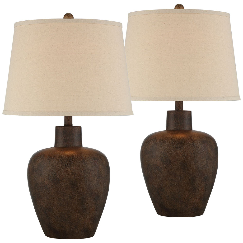 Regency Hill Glenn Rustic Farmhouse Table Lamps 27" Tall Set of 2 Dark Terra Cotta Tapered Fabric Drum for Bedroom Living Room Bedside Nightstand Home