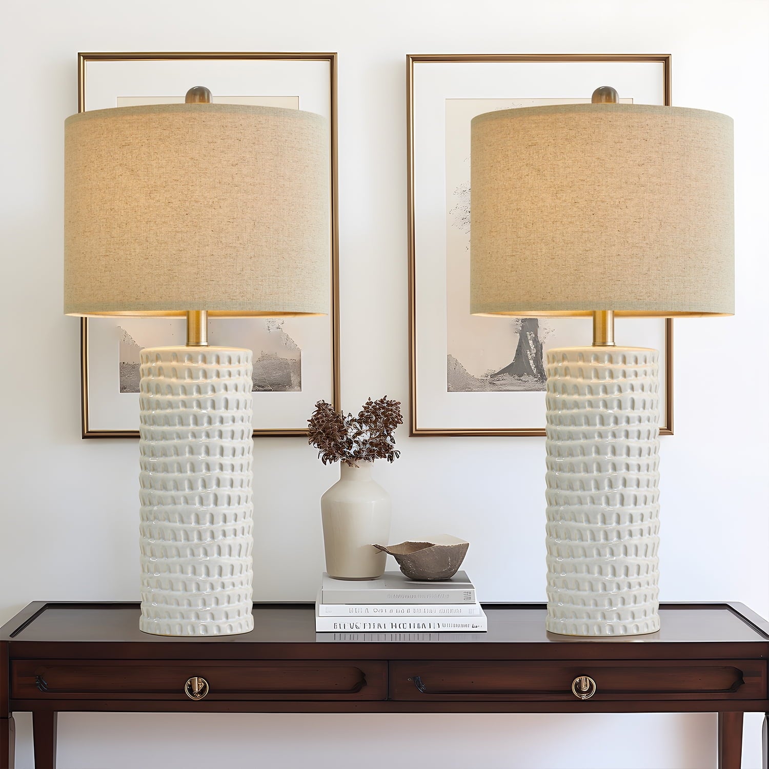 Oneach Ceramic Table Lamps Set of 2 for Living Room Bedroom Study 24.5" Modern White Bedside Nightstand Lamp