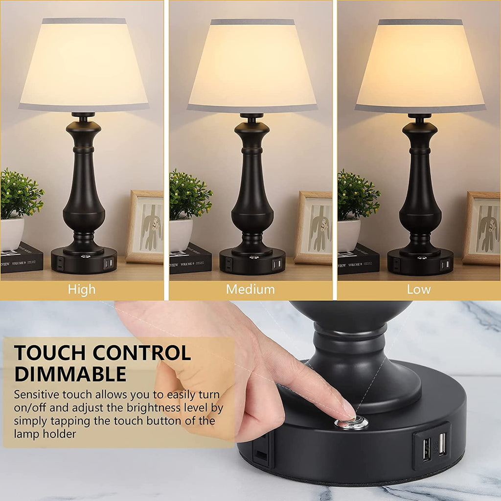 Oumilen Set of 2 Touch Sensor Touch Control Table Lamp, with 2 USB Charging Port, Black