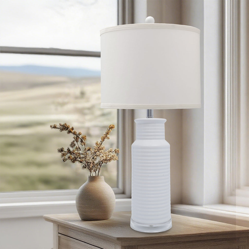 Tnuyoah Modern Table Lamps Set of 2, Living Room Retro White Ceramic Lamp - 28'' Farmhouse Beside Nightstand Lamps for Bedroom with Fabric Shade, Rotary Switch, Bulbs Not Included