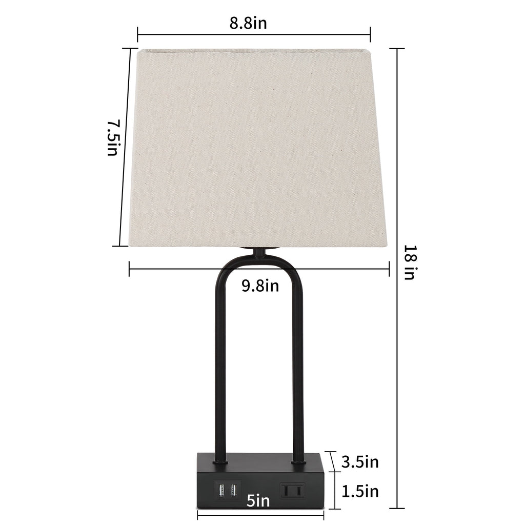 Cinkeda 3 Way Dimmable Touch Table Lamps Set of 2 with USB Ports AC Outlet 18" Modern Black Metal Bedside Nightstand Lamp for Living Room Bedroom Office