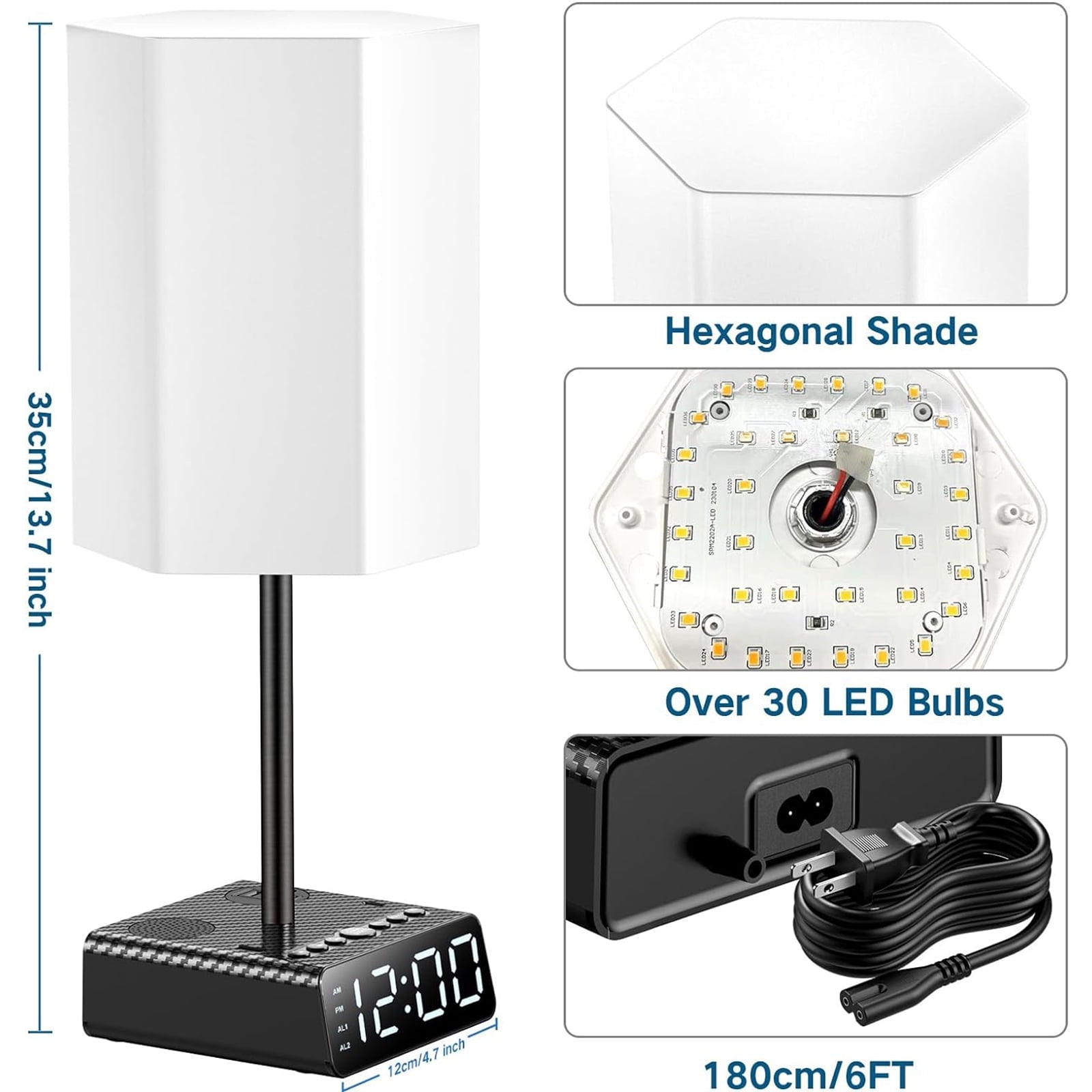 Black Alarm Clock Table Lamp, 3-way Dimmable Bedside Lamp with USB Port, Speaker and Radio - Touch Control, Suitable for Study Room, Bedroom