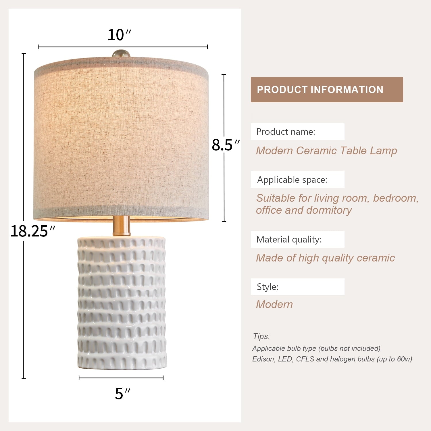 Oneach Ceramic Table Lamp Set of 2 for Living Room Bedroom 18.25" Modern White Bedside Nightstands Lamps