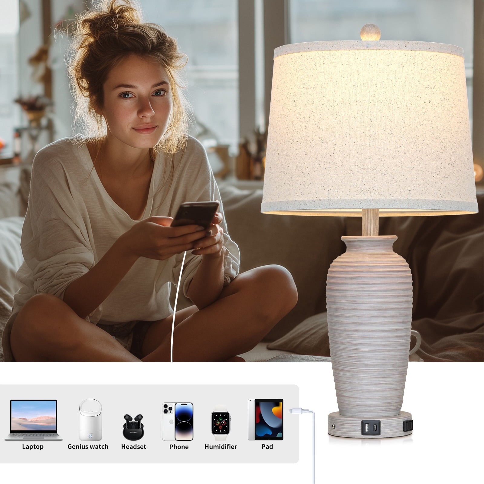 Cinkeda 25" Farmhouse Jar Table Lamps for Living Room Bedroom Set of 2 with USB A+C Ports AC Outlet 3 Way Dimmable Touch Control Resin Bedside Nightstand Lamp