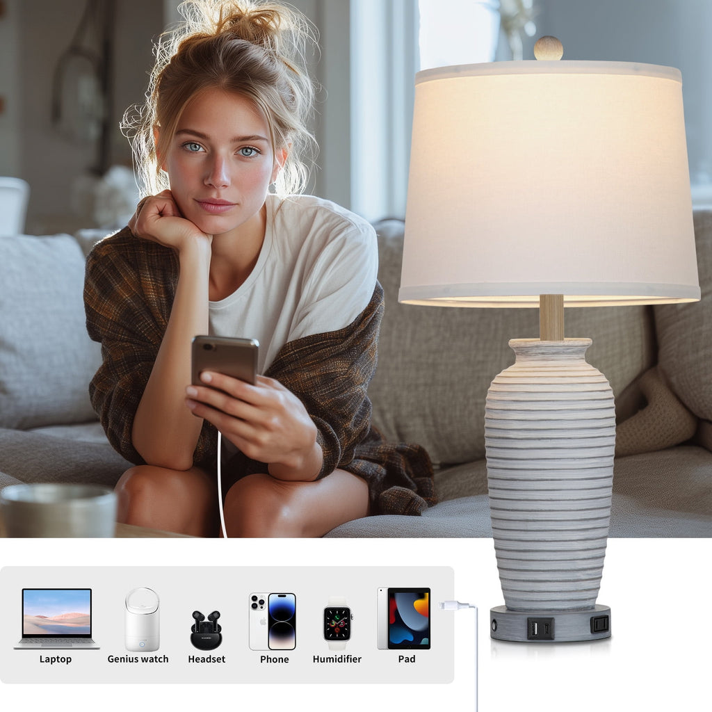 Cinkeda Farmhouse Jar Table Lamp Set of 2 with USB A+C Ports & AC Outlet, 3-Way Dimmable Touch Control, Resin for Bedroom Nightstand