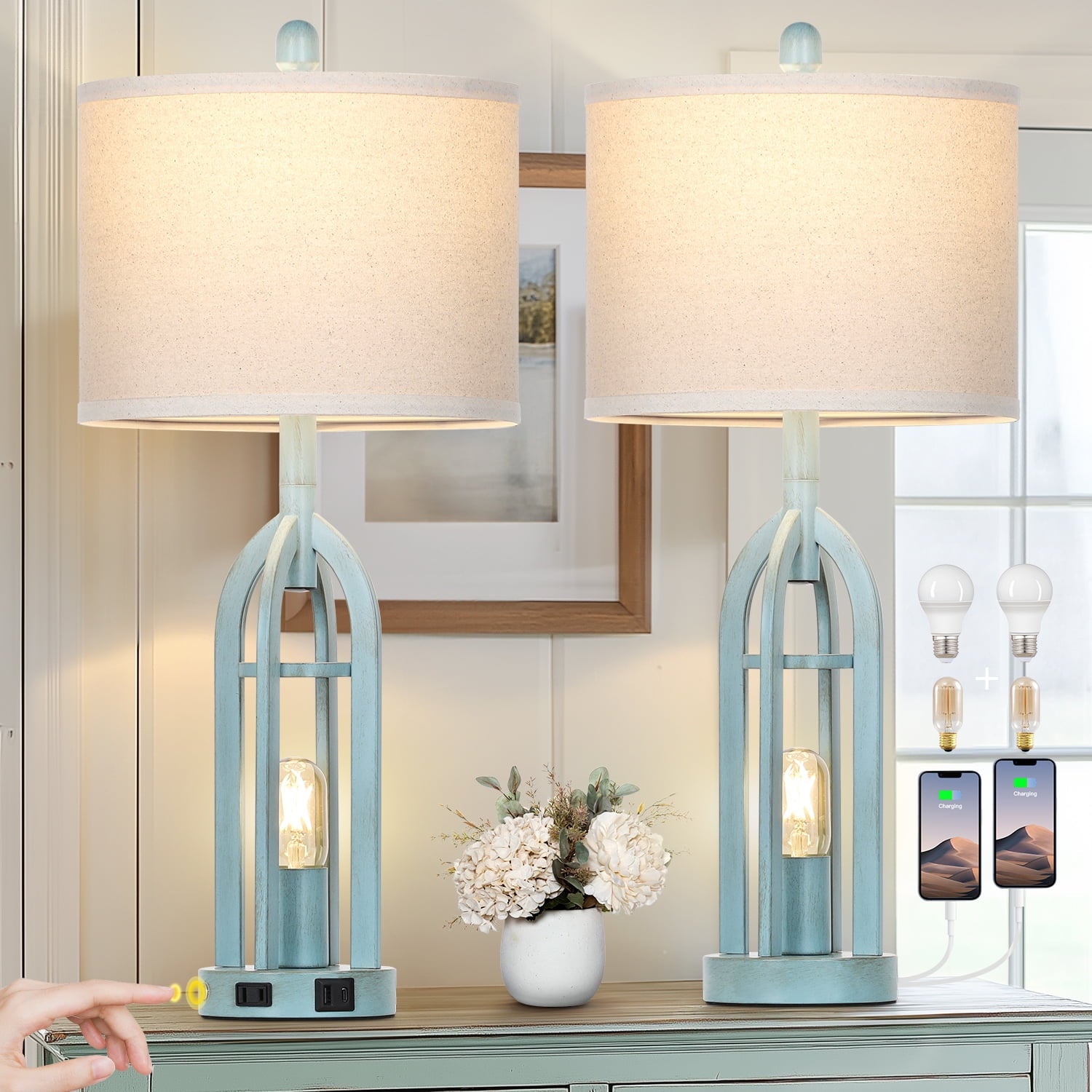 Cinkeda 3 Way Dimmable Table Lamp Set of 2 with AC Outlet USB A+C Charging Ports Touch Control Nightlight for Bedroom Living Room 27" Industrial Black Bedside Nightstand Lamps