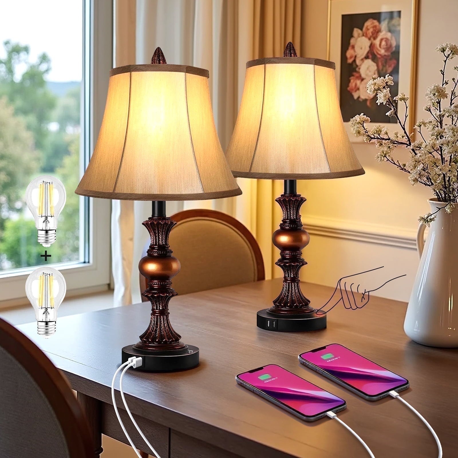 Skdwakiz 22" Table Lamps Set of 2, Lamps for Bedroom with USB Charging Ports, 3 Way Dimmable Touch with Linen Fabric Lampshade, Modern Small Table Lamp for Nightstand, Living Room (Bulbs Include)