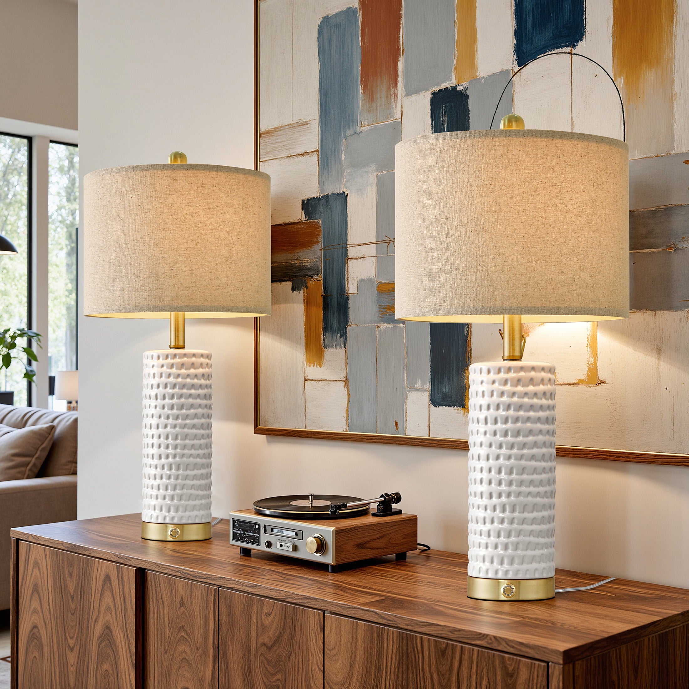 Oneach Ceramic Table Lamps Set of 2 for Living Room Bedroom Study 24.5" Modern White Bedside Nightstand Lamp