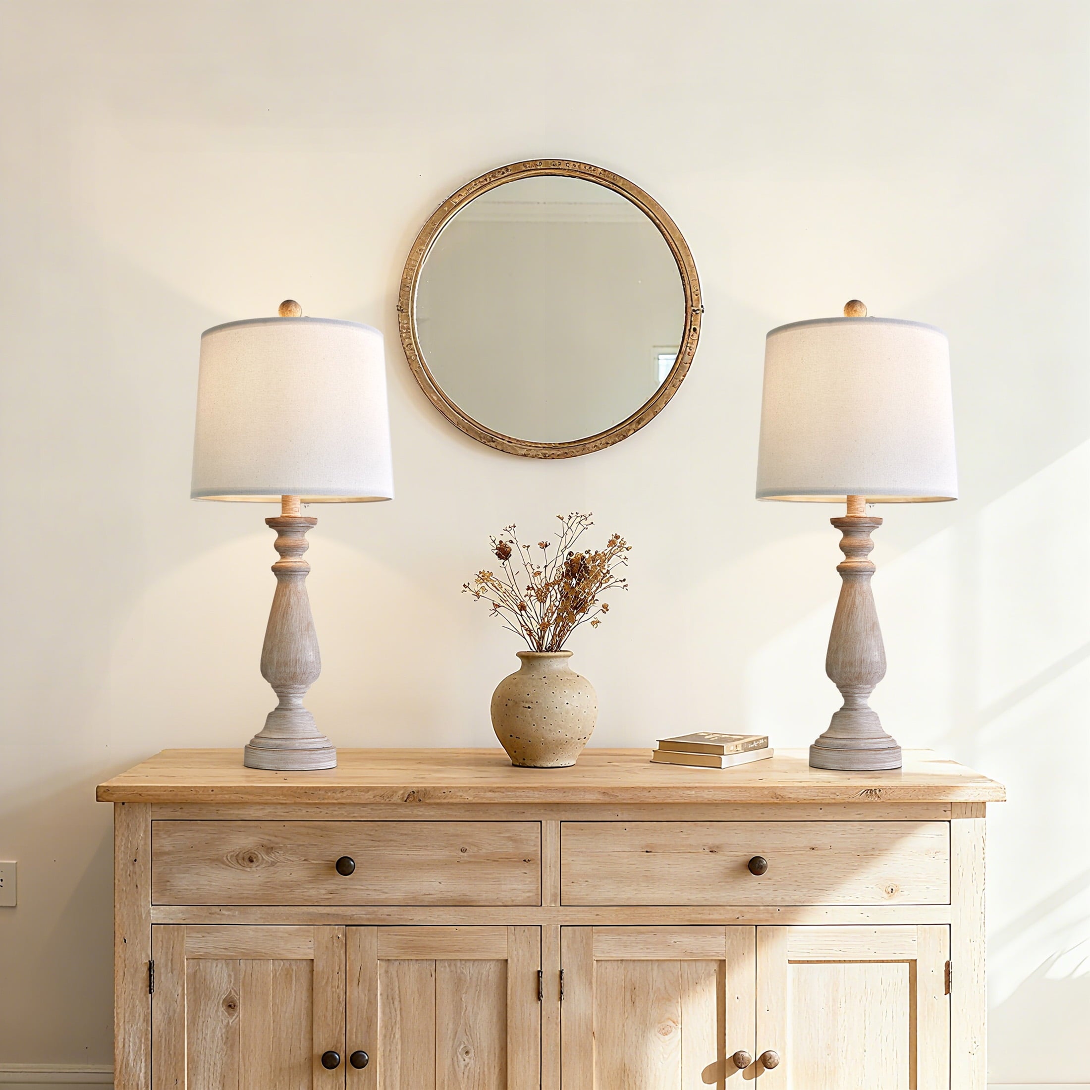 Oneach Rustic Table Lamp Set of 2 for Bedroom Living Room 24.5" Farmhouse Resin Bedside Nightstands Lamps with Linen Drum Shade