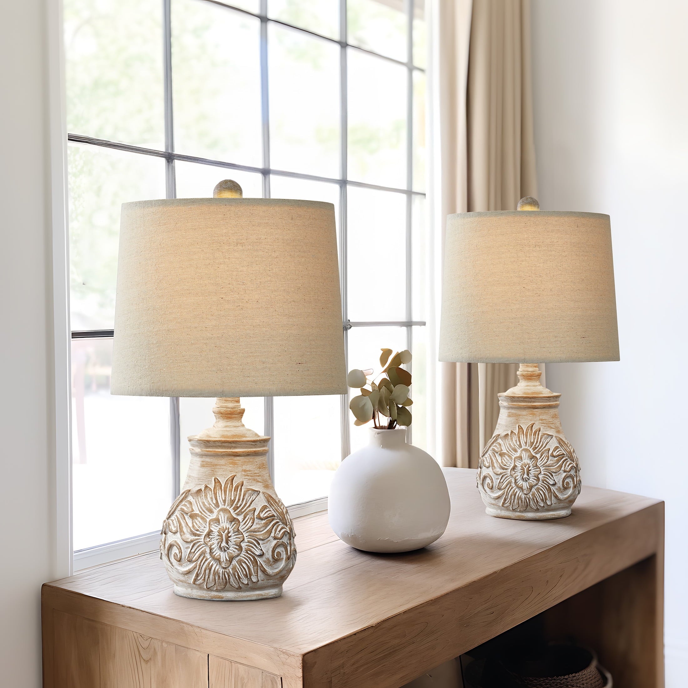 Oneach Vintage Table Lamps Bedside Lamp Set of 2 for Bedroom Living Room 18.75" Retro Farmhouse Floral Nightstands Lamps Resin