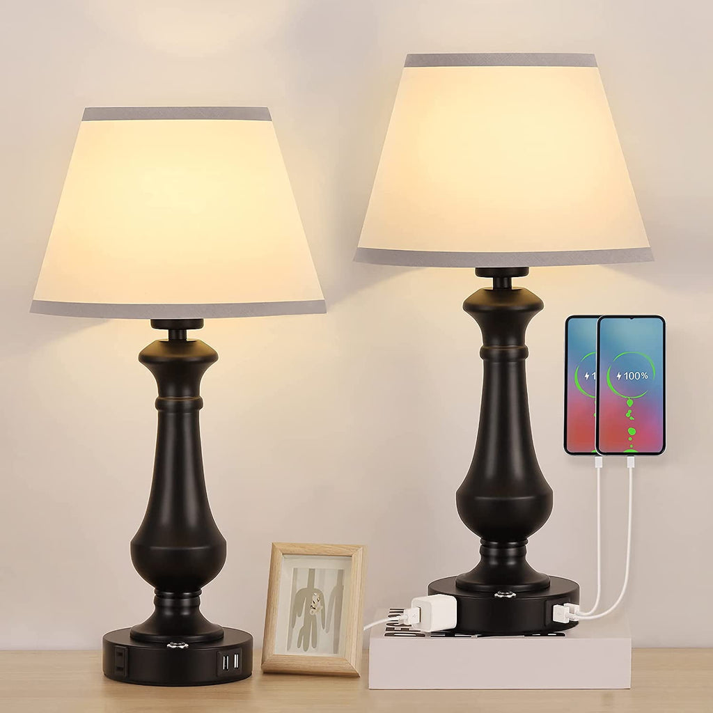 Oumilen Set of 2 Touch Sensor Touch Control Table Lamp, with 2 USB Charging Port, Black