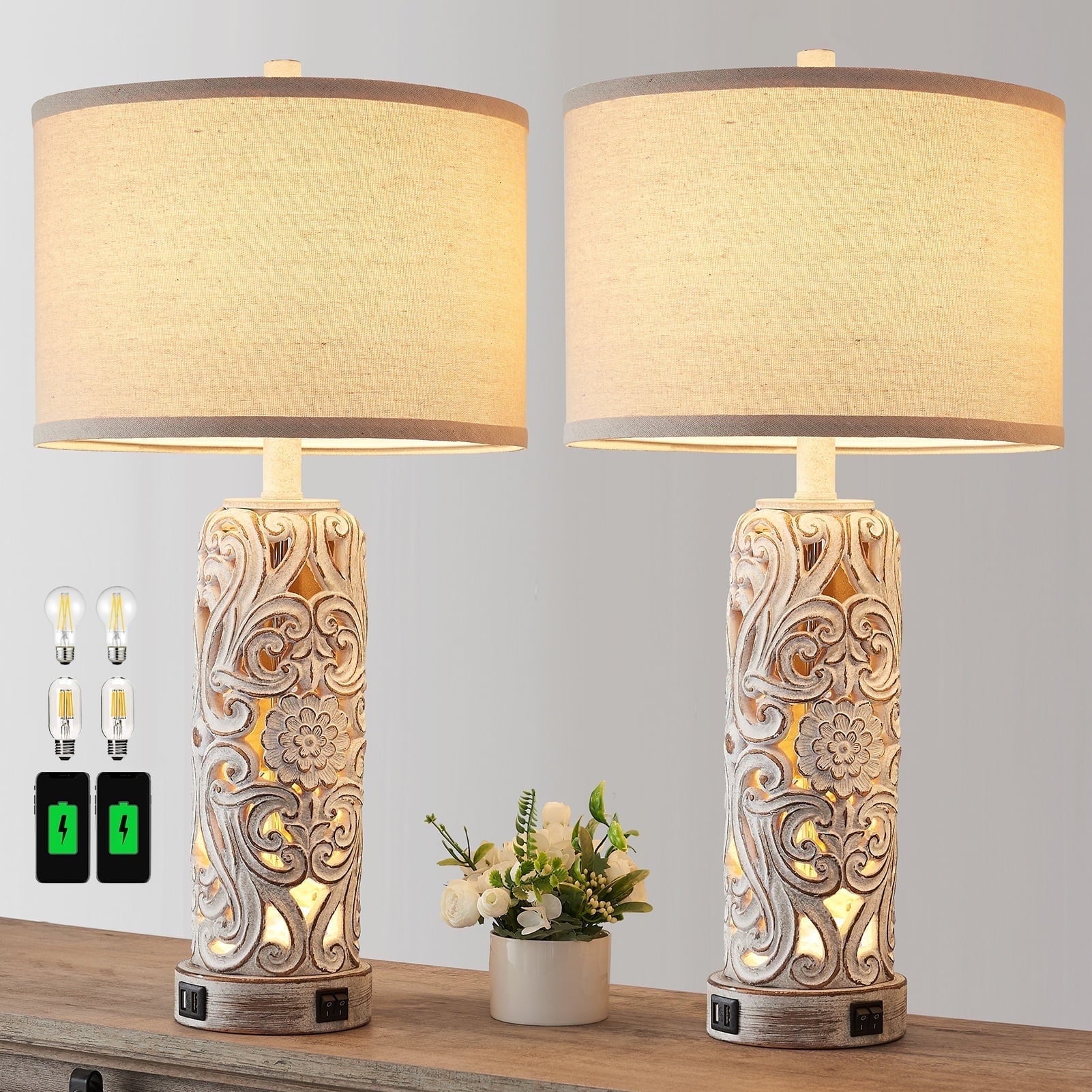 RORIA 25" Two-Piece Modern Table Lamp for Living Room Bedroom Nightstand, Country Farmhouse Vintage Bedside Lamp with 2 USB Charging Ports, Hollow Resin with Night Light