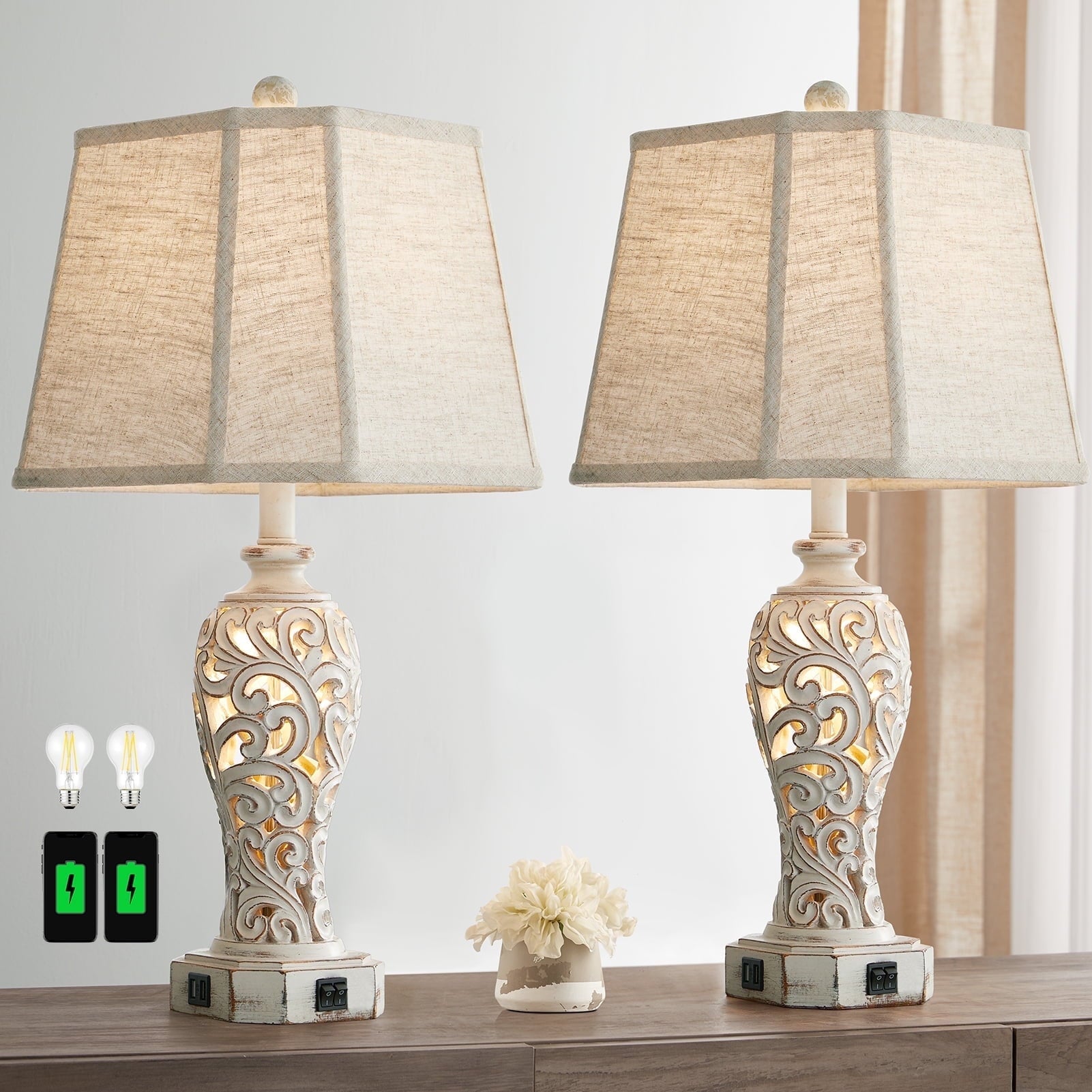 RORIA 25" Two-Piece Modern Table Lamp for Living Room Bedroom Nightstand, Country Farmhouse Vintage Bedside Lamp with 2 USB Charging Ports, Hollow Resin with Night Light