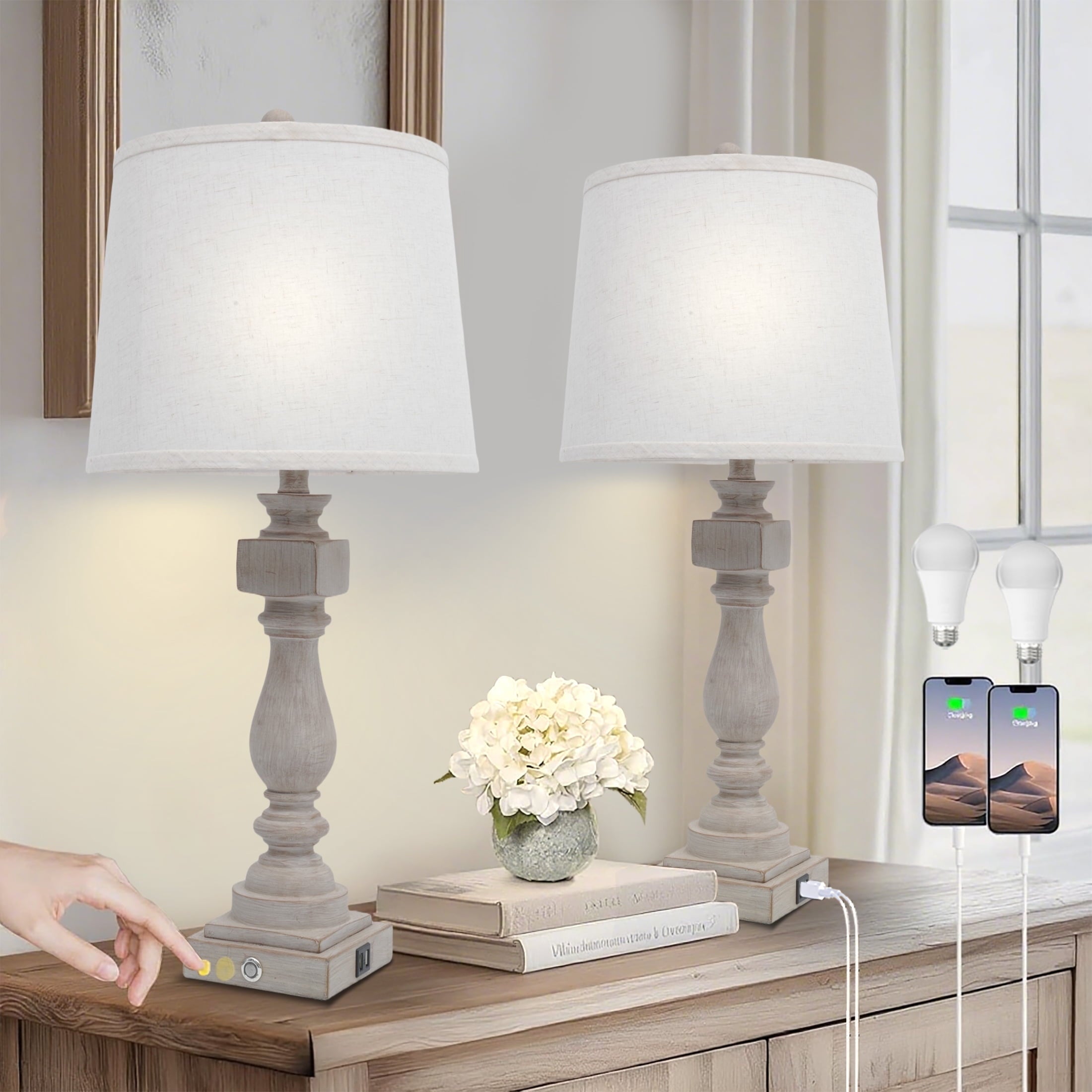 Tnuyoah Modern Table Lamps Set of 2, Living Room Retro White Ceramic Lamp - 28'' Farmhouse Beside Nightstand Lamps for Bedroom with Fabric Shade, Rotary Switch, Bulbs Not Included