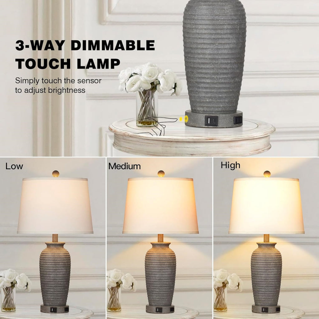 Cinkeda 3 Way Dimmable Jar Table Lamp with USB A+C Ports AC Outlet for Bedroom Living Room Modern Farmhouse Touch Control Resin Single Bedside Nightstand Lamp